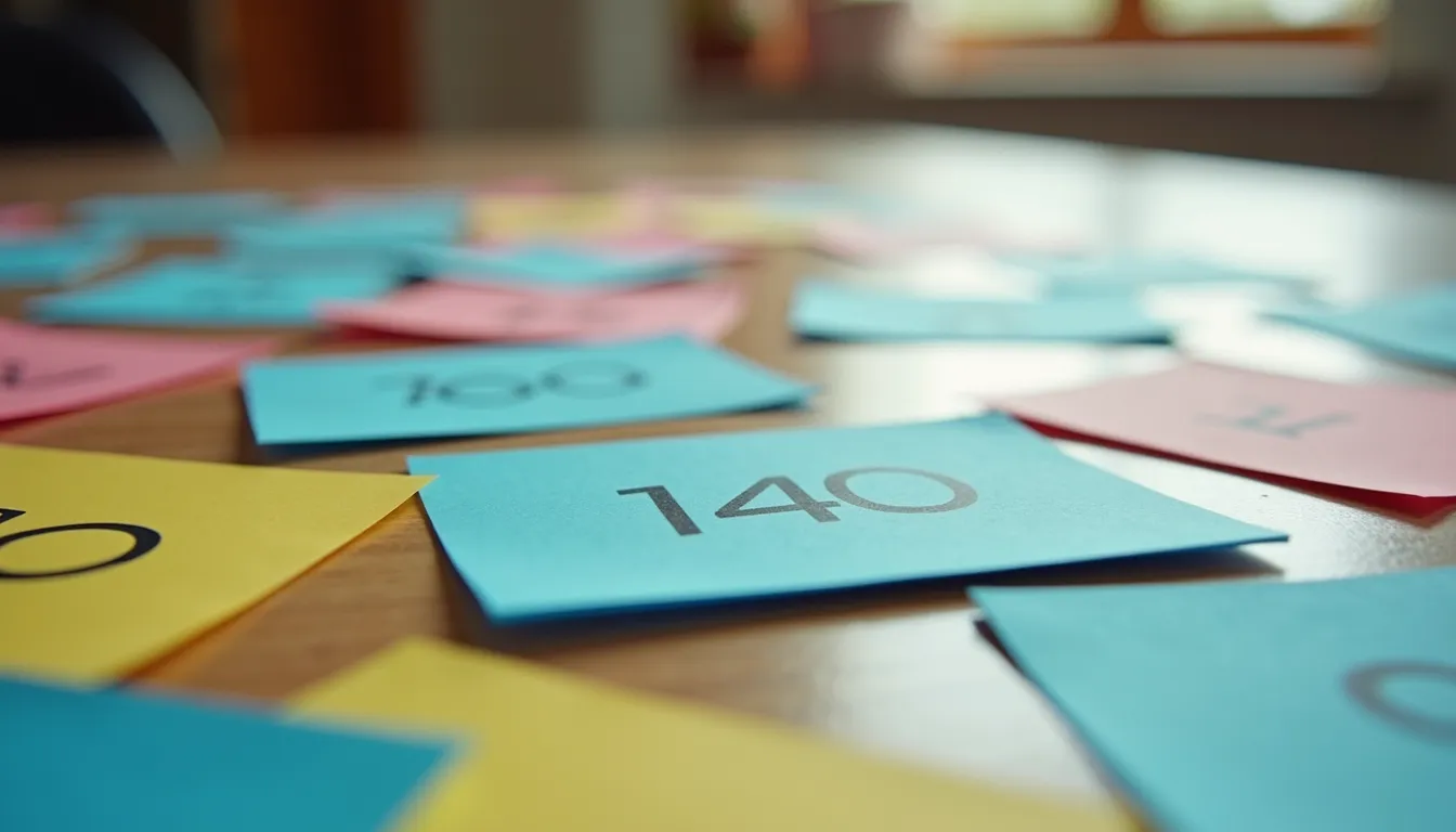Colorful paper cards printed with numbers scattered across a table