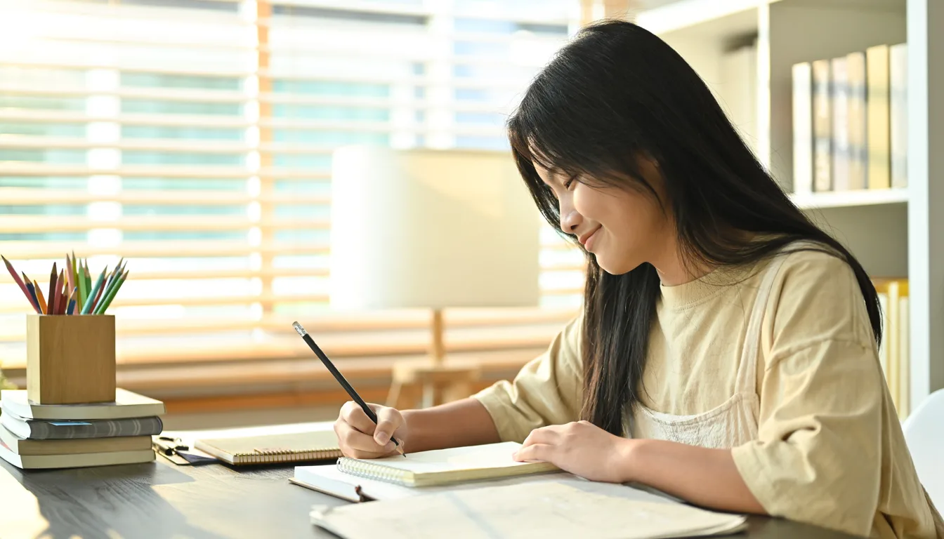 A student taking notes at a desk at home, with a stack of books and pencils nearby